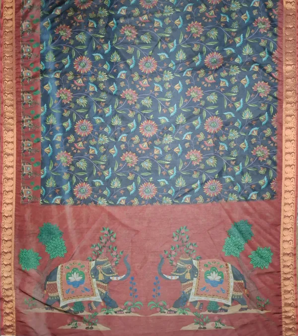 Blue_Polyester_Silk_Floral_Print_Elephant_Motif_Saree_For_Women