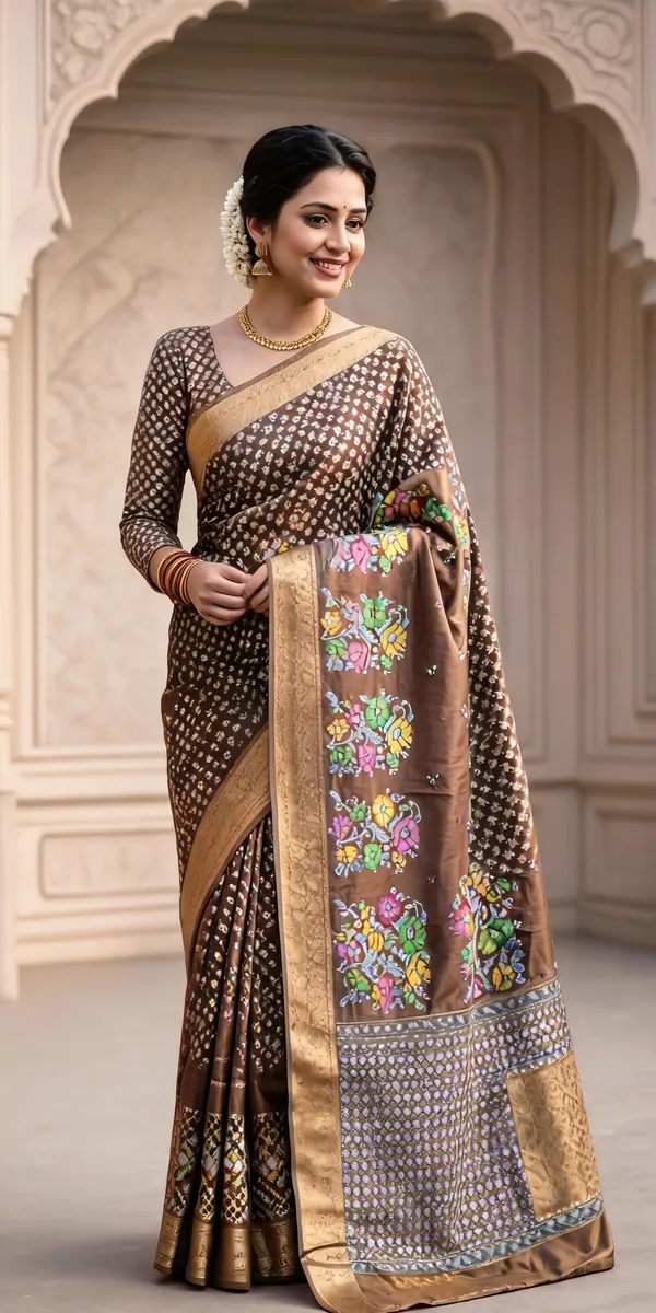 Brown_Polyester_Silk_Floral_Printed_Saree_For_Women