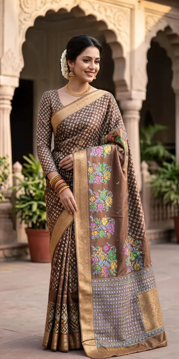 Brown_Polyester_Silk_Floral_Printed_Saree_For_Women