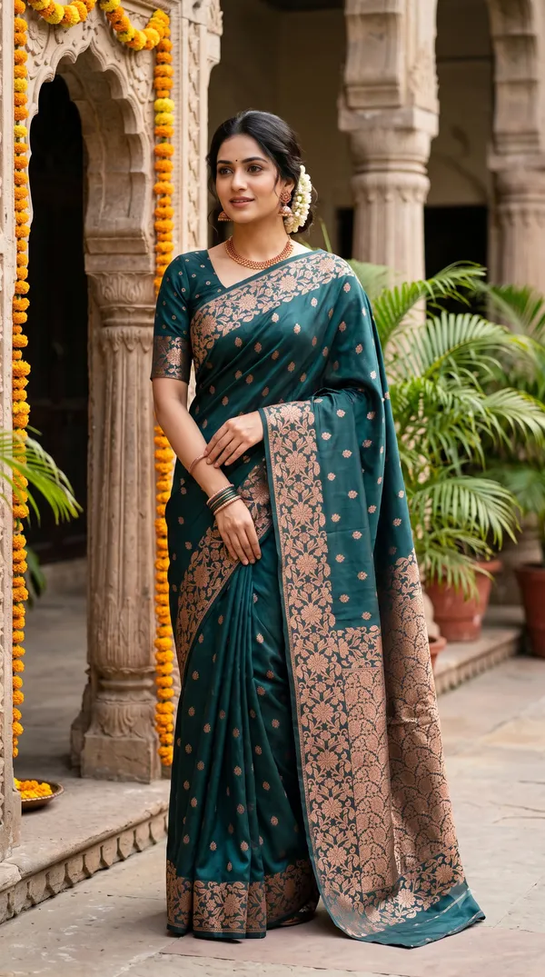 Teal_Poly_Banarasi_Silk_Woven_Brocade_Saree_For_Women