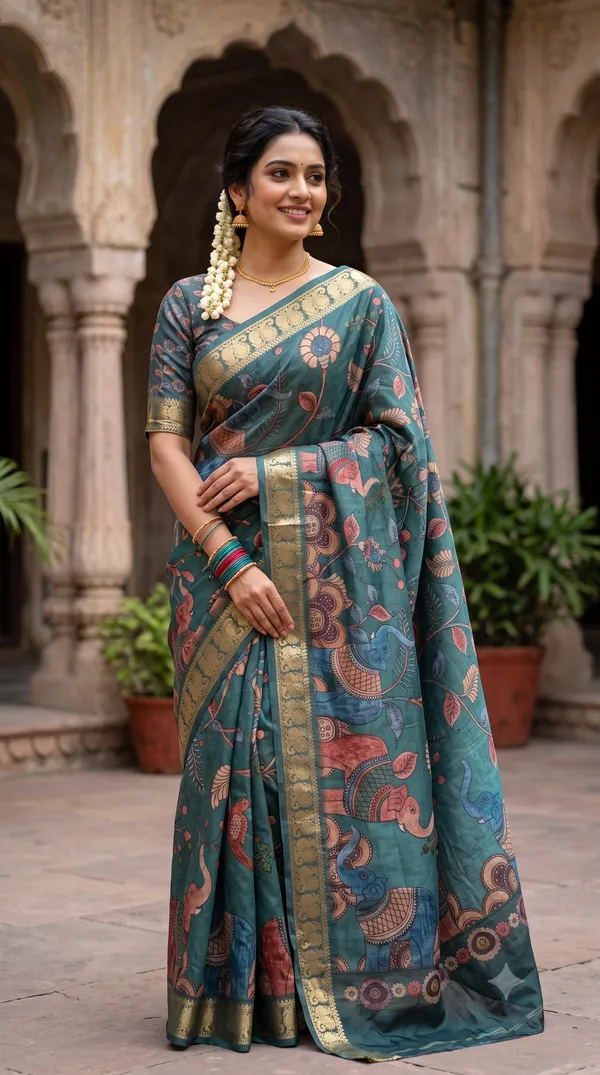 Teal_Polyester_Silk_Floral_Printed_Saree_For_Women