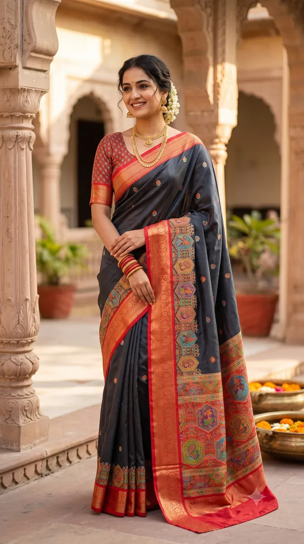 Black_Polyester_Silk_Traditional_Saree_For_Women