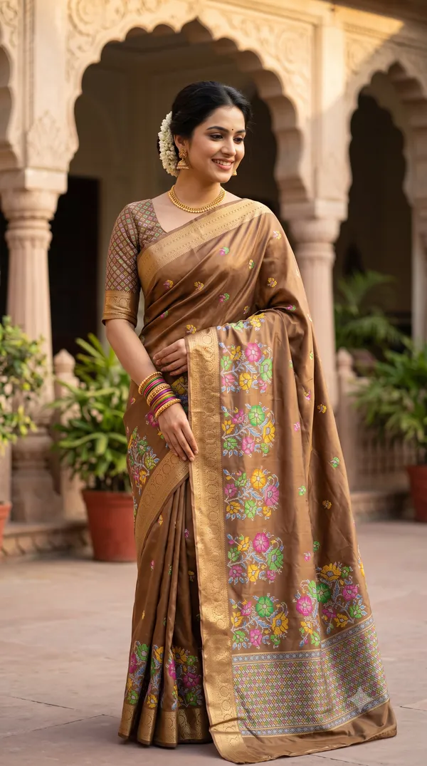 Brown_Polyester_Silk_Floral_Printed_Saree_For_Women
