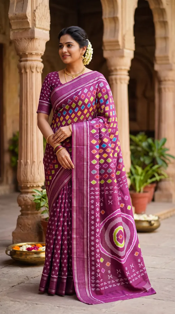 Magenta_Poly_Cotton_Geometric_Diamond_Saree_For_Women