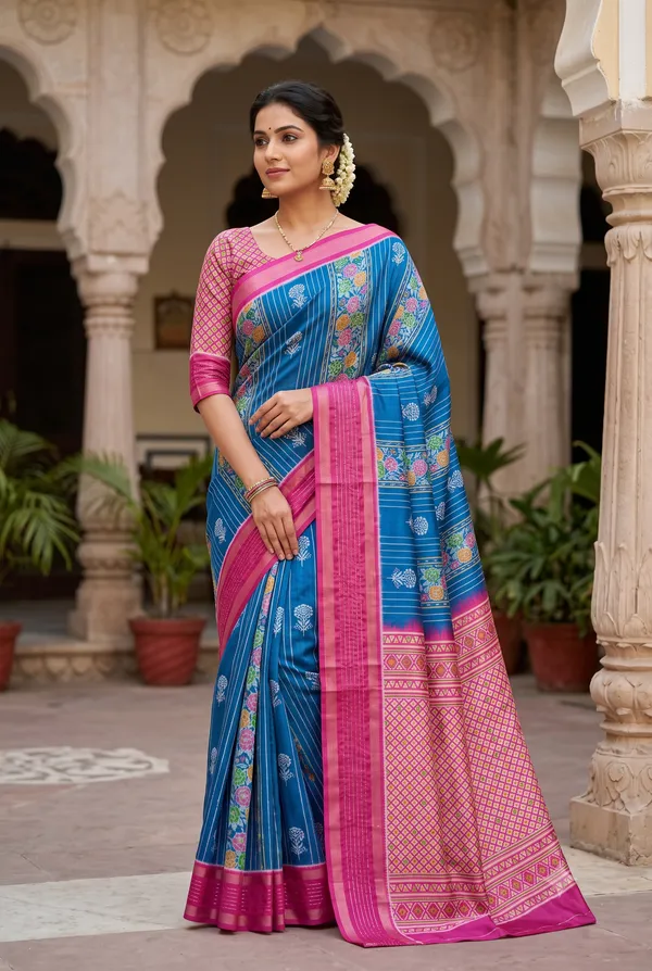 Blue_Poly_Cotton_Floral_Stripe_Printed_Saree_For_Women