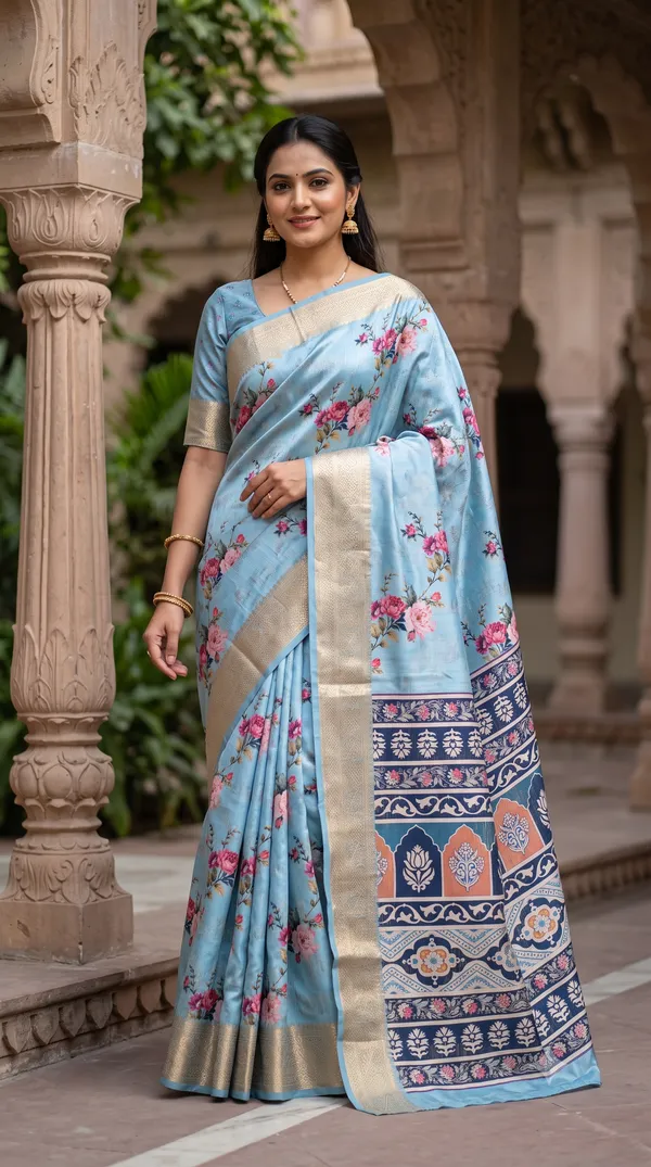 Blue_Polyester_Silk_Floral_Print_Saree_For_Women