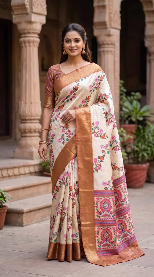 Cream_Polyester_Silk_Floral_Print_Saree_For_Women