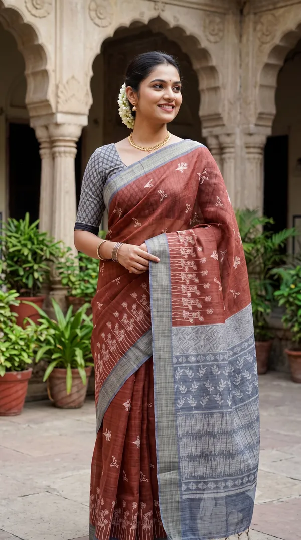 Rust_Poly_Cotton_Floral_Folk_Printed_Saree_For_Women