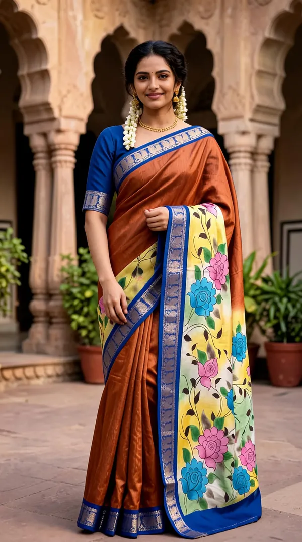 Rust_Polyester_Silk_Floral_Print_Saree_For_Women