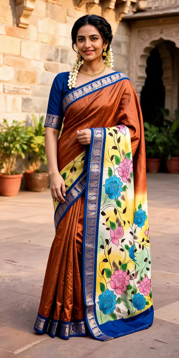 Rust_Polyester_Silk_Floral_Print_Saree_For_Women