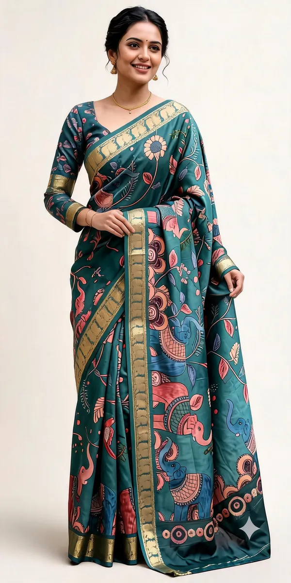 Teal_Polyester_Silk_Floral_Printed_Saree_For_Women