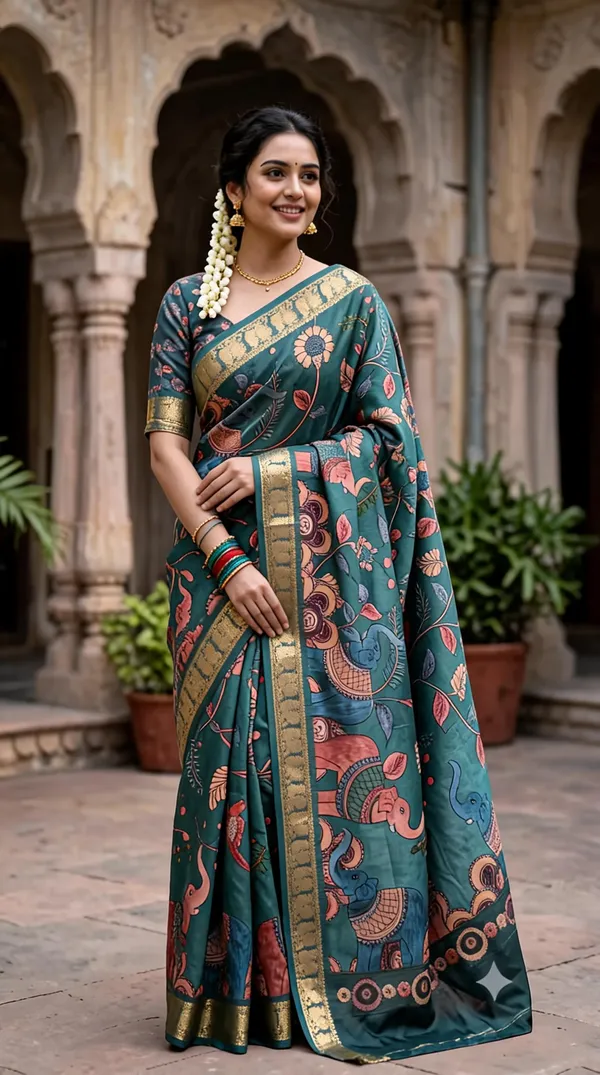 Teal_Polyester_Silk_Floral_Printed_Saree_For_Women