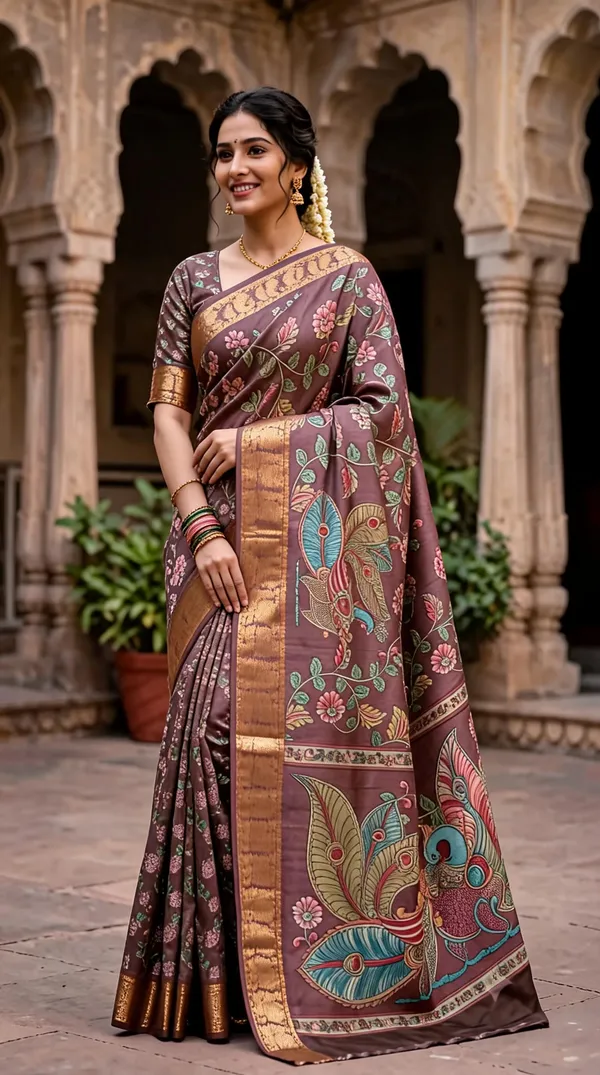 Mauve_Polyester_Silk_Floral_Peacock_Printed_Saree_For_Women