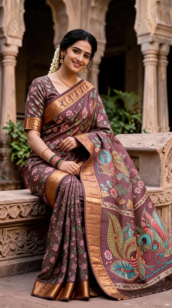 Mauve_Polyester_Silk_Floral_Peacock_Printed_Saree_For_Women