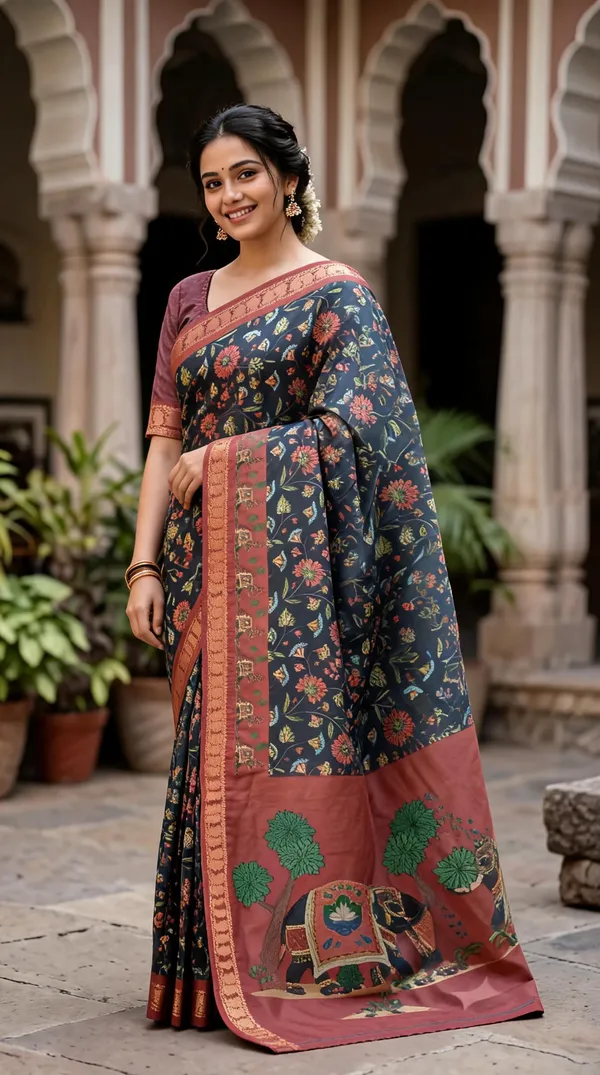 Blue_Polyester_Silk_Floral_Print_Elephant_Motif_Saree_For_Women