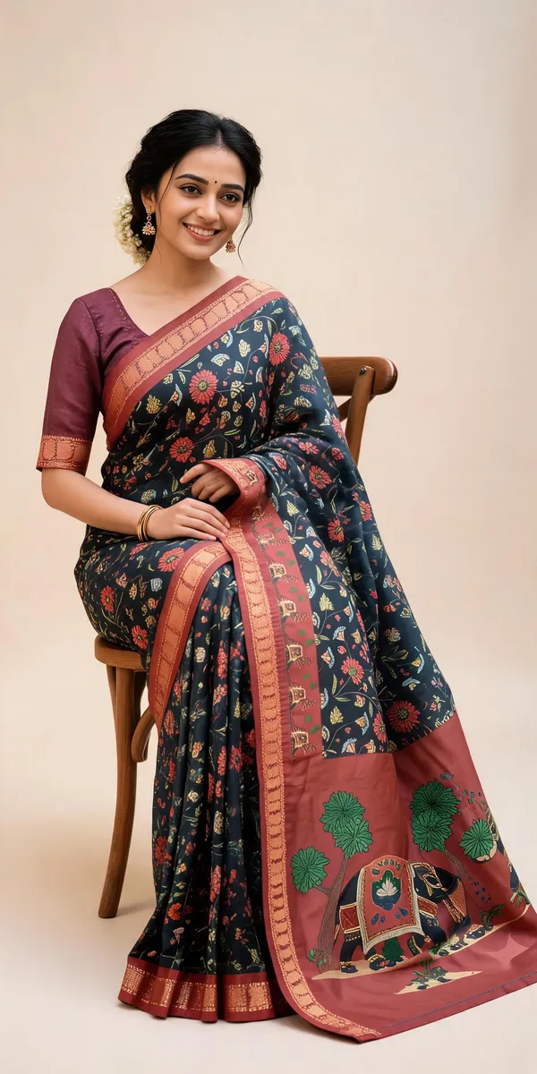 Blue_Polyester_Silk_Floral_Print_Elephant_Motif_Saree_For_Women