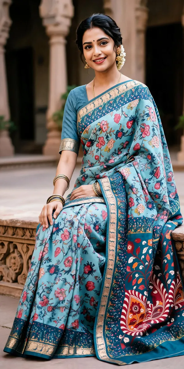 Blue_Polyester_Silk_Floral_Print_Saree_For_Women