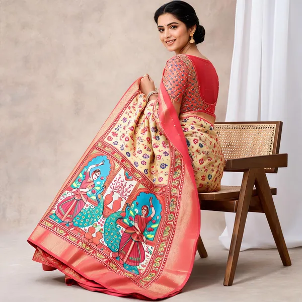 Peach_Polyester_Silk_Peacock_Print_Saree_For_Women