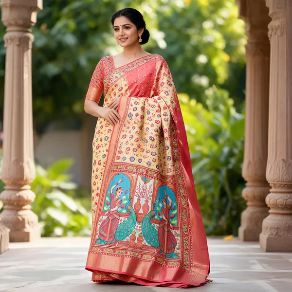Peach_Polyester_Silk_Peacock_Print_Saree_For_Women
