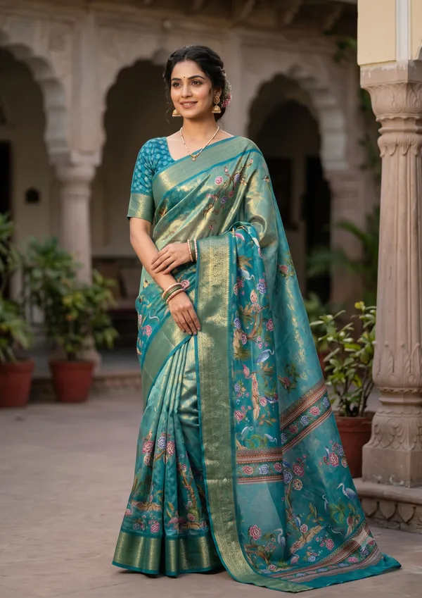 Teal_Polyester_Silk_Floral_Print_Saree_For_Women