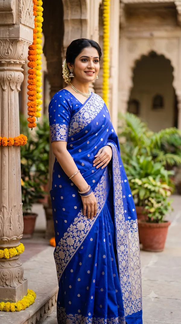 Blue_Poly_Banarasi_Silk_Gold_Motif_Woven_Saree_For_Women