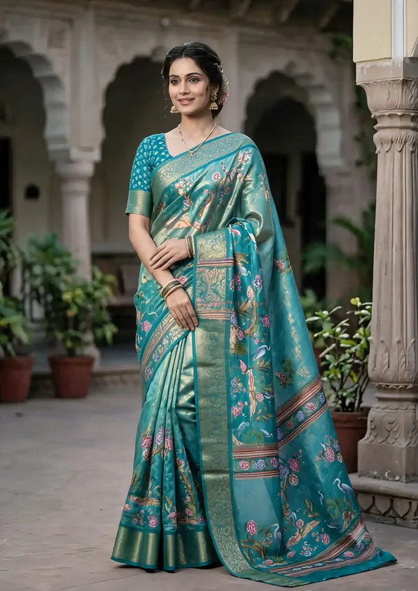 Teal_Polyester_Silk_Floral_Print_Saree_For_Women