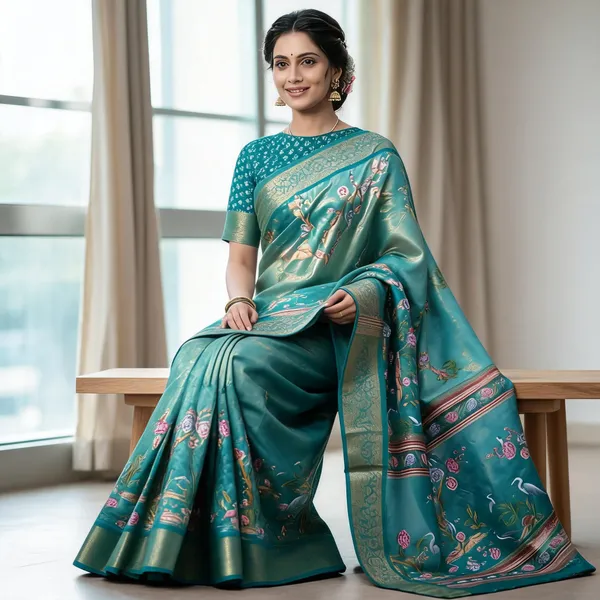 Teal_Polyester_Silk_Floral_Print_Saree_For_Women