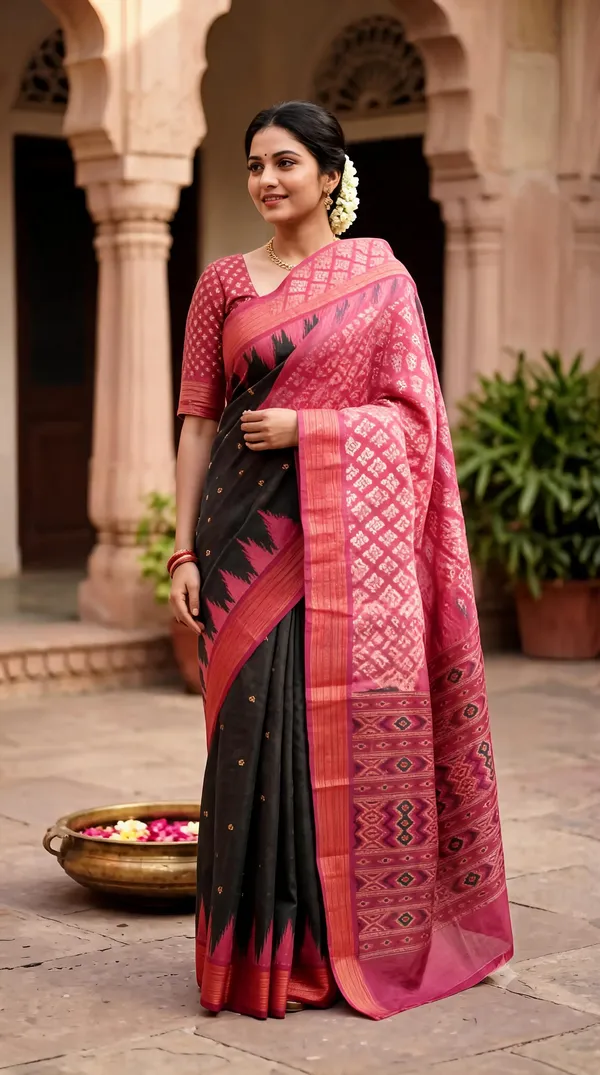 Black_Pink_Poly_Cotton_Woven_Ethnic_Saree_For_Women