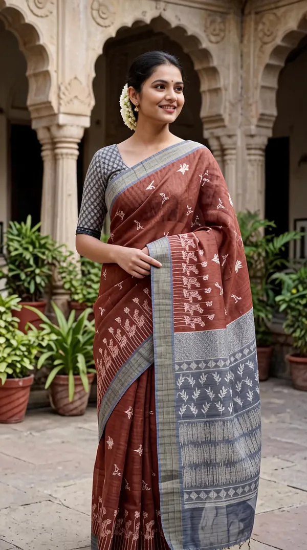 Rust_Poly_Cotton_Floral_Folk_Printed_Saree_For_Women