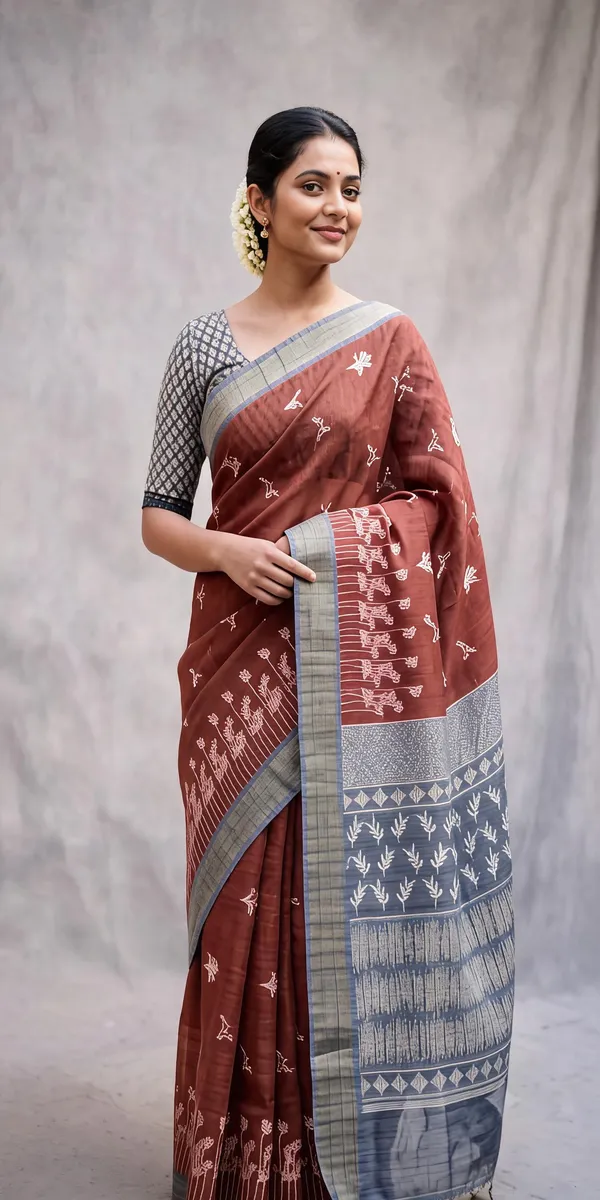 Rust_Poly_Cotton_Floral_Folk_Printed_Saree_For_Women