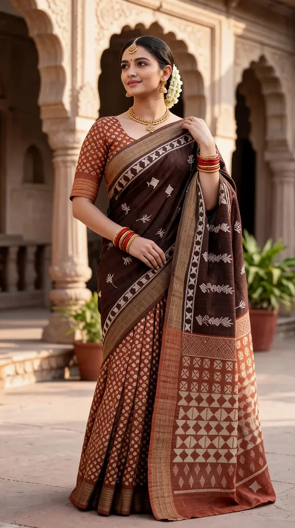 Brown_Polyester_Silk_Floral_Printed_Saree_For_Women