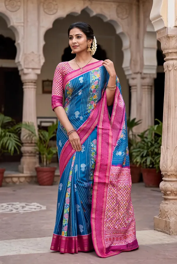 Blue_Poly_Cotton_Floral_Stripe_Printed_Saree_For_Women