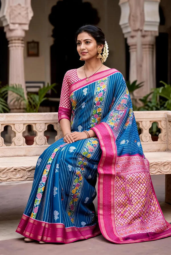 Blue_Poly_Cotton_Floral_Stripe_Printed_Saree_For_Women