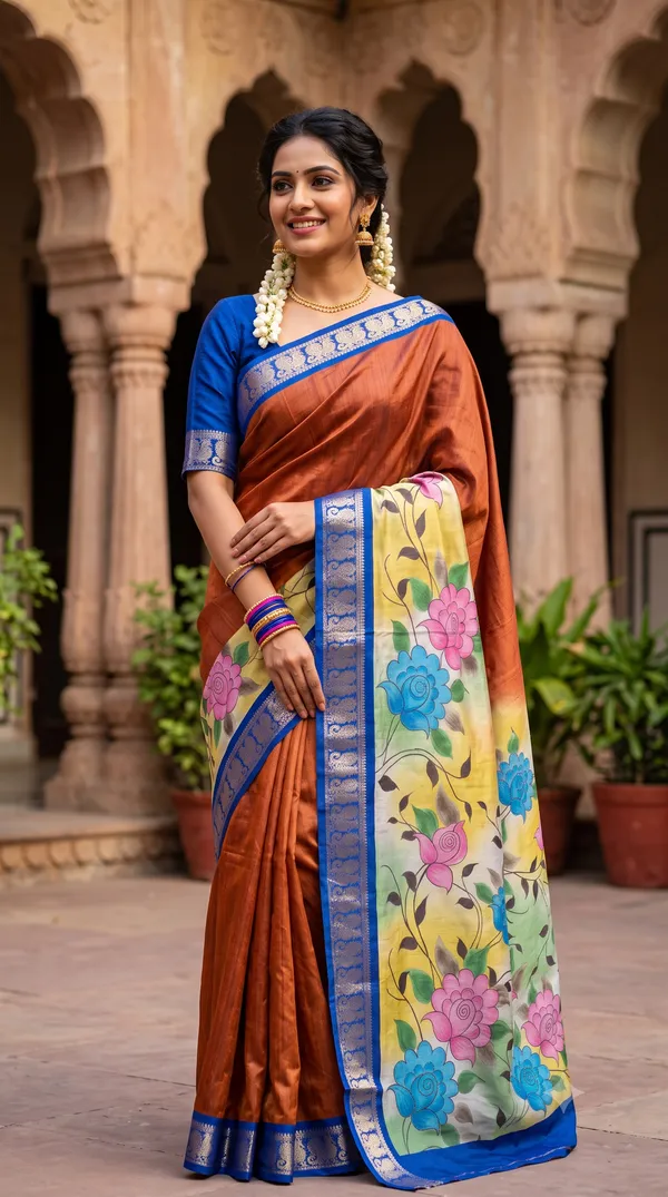 Rust_Polyester_Silk_Floral_Print_Saree_For_Women