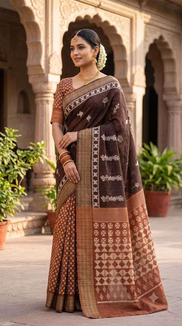 Brown_Polyester_Silk_Floral_Printed_Saree_For_Women