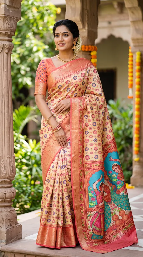 Peach_Polyester_Silk_Peacock_Print_Saree_For_Women