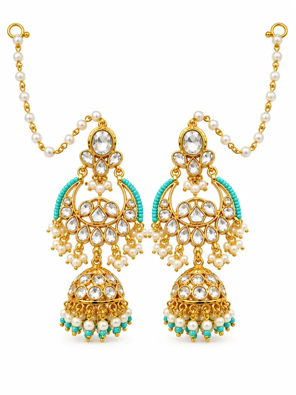 Gold_Tone_Kundan_Jhumka_Earrings_With_Ear_Chains_for_Women