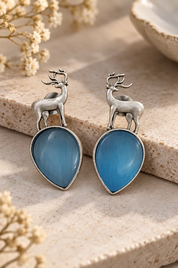 Blue_Oxidized_Silver_Deer_Motif_Drop_Earrings_for_Women