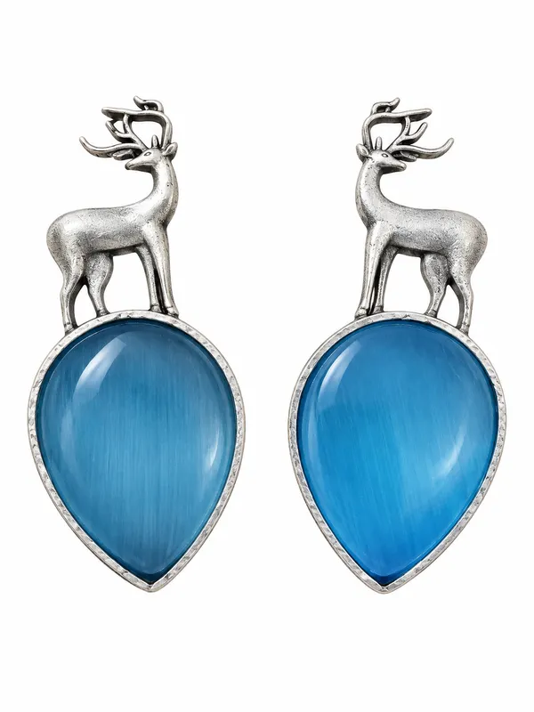 Blue_Oxidized_Silver_Deer_Motif_Drop_Earrings_for_Women