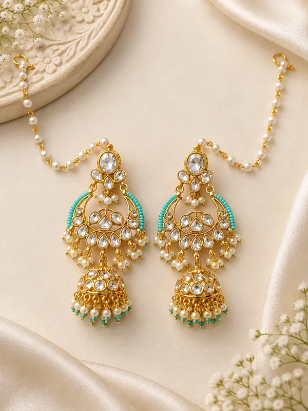 Gold_Tone_Kundan_Jhumka_Earrings_With_Ear_Chains_for_Women