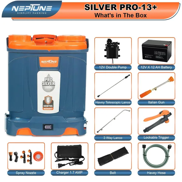 Neptune_Simplify_Farming_Silver_Pro-13+_Knapsack_Battery_Sprayer,_12V_12Amp_Double_Motor_|_Digital_Battery_Indicator_|_18L_Tank_|_3X_Pressure_Sprayer_with_5_Nozzles,_Ideal_for_Long_&_Short_Spraying