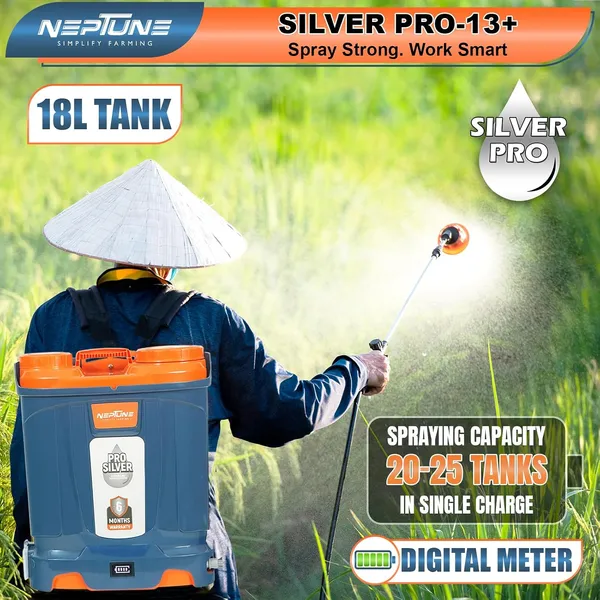 Neptune_Simplify_Farming_Silver_Pro-13+_Knapsack_Battery_Sprayer,_12V_12Amp_Double_Motor_|_Digital_Battery_Indicator_|_18L_Tank_|_3X_Pressure_Sprayer_with_5_Nozzles,_Ideal_for_Long_&_Short_Spraying