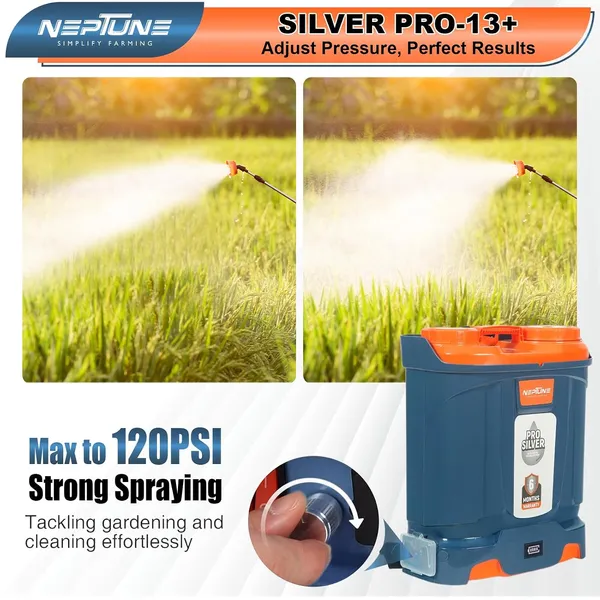 Neptune_Simplify_Farming_Silver_Pro-13+_Knapsack_Battery_Sprayer,_12V_12Amp_Double_Motor_|_Digital_Battery_Indicator_|_18L_Tank_|_3X_Pressure_Sprayer_with_5_Nozzles,_Ideal_for_Long_&_Short_Spraying