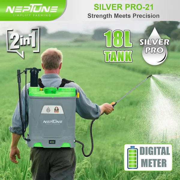 Neptune_Simplify_Farming_Silver_Pro-21_Battery_and_Manual_2_in_1_Knapsack_Sprayer_|_12V_x_8Amp_|_18L_Tank_with_Digital_Battery_Indicator_|_Get_4_Nozzles_|_Suitable_for_Agriculture_&_Garden_Spraying