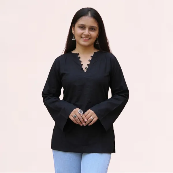 VIAM_Women's_Black_Cotton_Blend_V_Neck_Tunic_Top