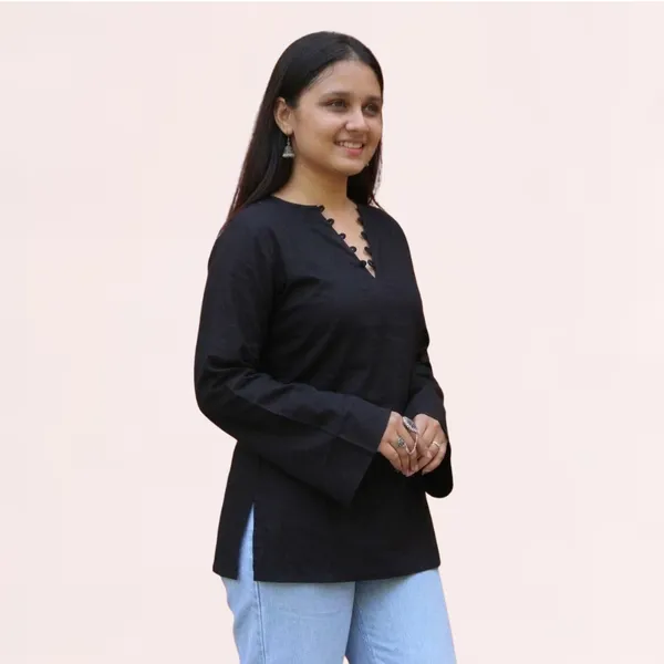 VIAM_Women's_Black_Cotton_Blend_V_Neck_Tunic_Top