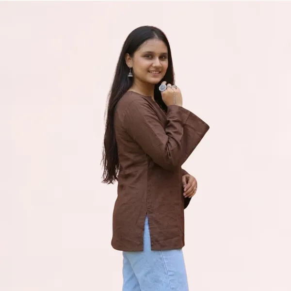 VIAM_Women's_Brown_Cotton_Blend_V_Neck_Tunic_Top