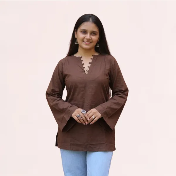 VIAM_Women's_Brown_Cotton_Blend_V_Neck_Tunic_Top