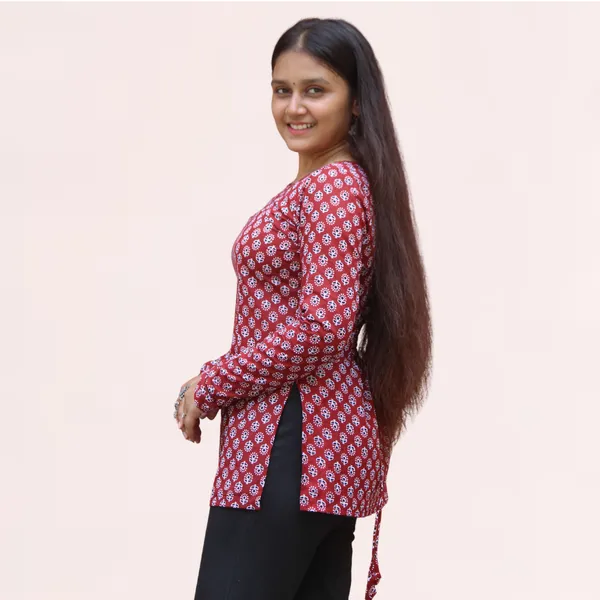 VIAM_Women_Marron_Printed_Short_Kurti_with_Detachable_Shrug_Sleeves