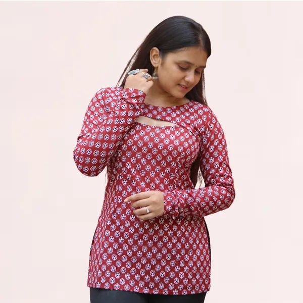VIAM_Women_Marron_Printed_Short_Kurti_with_Detachable_Shrug_Sleeves